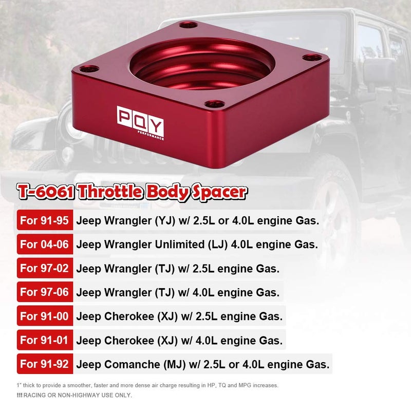 PQY Throttle Body Spacer Compatible with 91-06 Jeep Wrangler TJ YJ LJ Cherokee XJ 2.5L/4.0L Engine Gas MJ w/Gasket 1" Raise Manifold Carb Red - Image 2